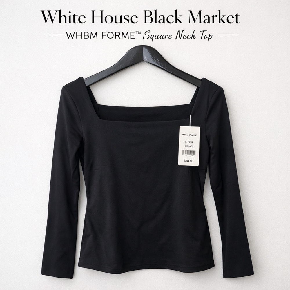 White House Black Market WHBM FORME Black Square Neck Long Sleeve Top Size S